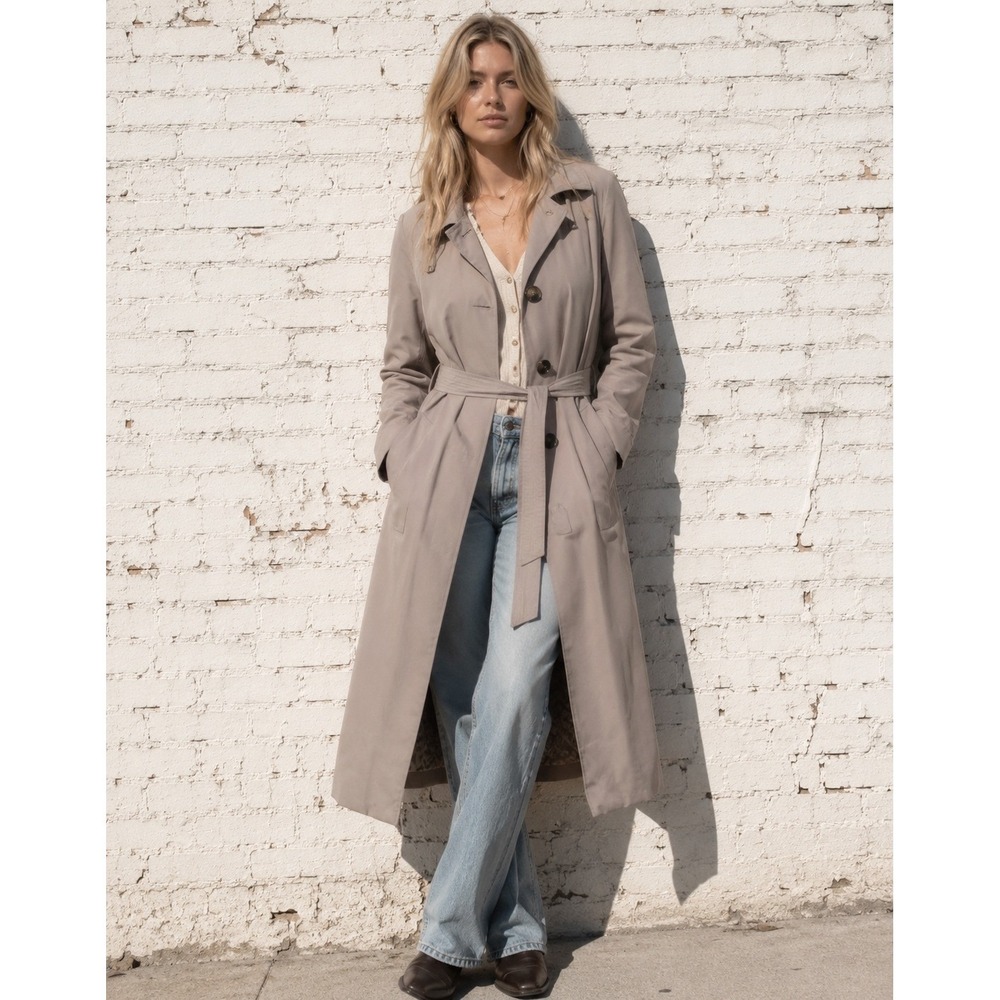 London Fog Removable Hooded Trench Coat Long Raincoat Belted Taupe Classic 14